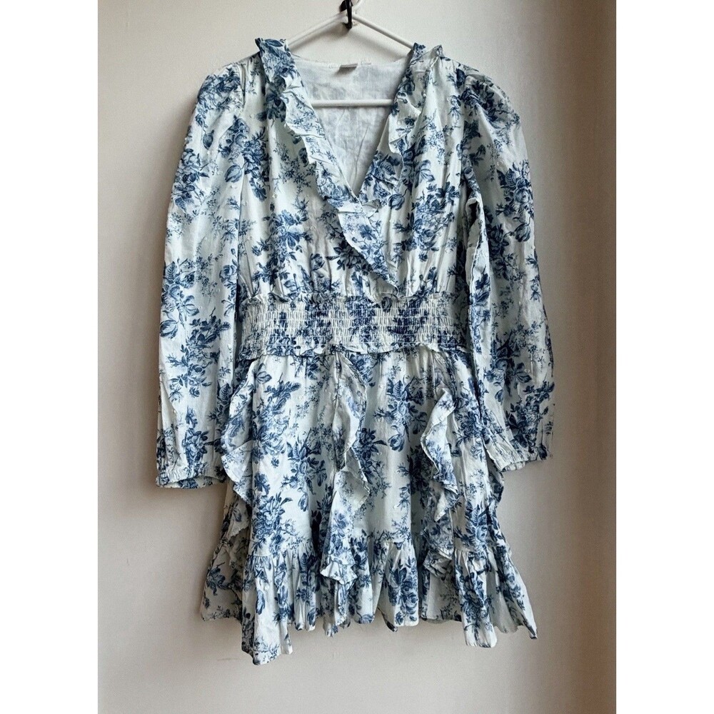 Gap x LoveShackFancy Floral Mini Dress M NWT Blue White Cotton Smocked Ruffle